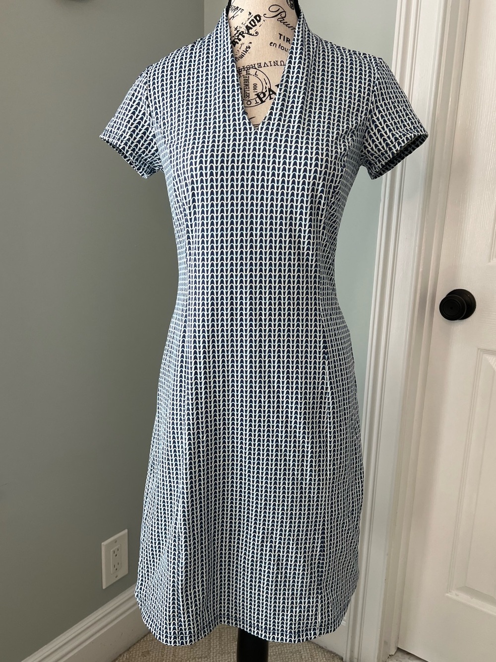 J. McLaughlin Ivana Catalina Cloth Dress | blue & white geometric pattern |SZ XS